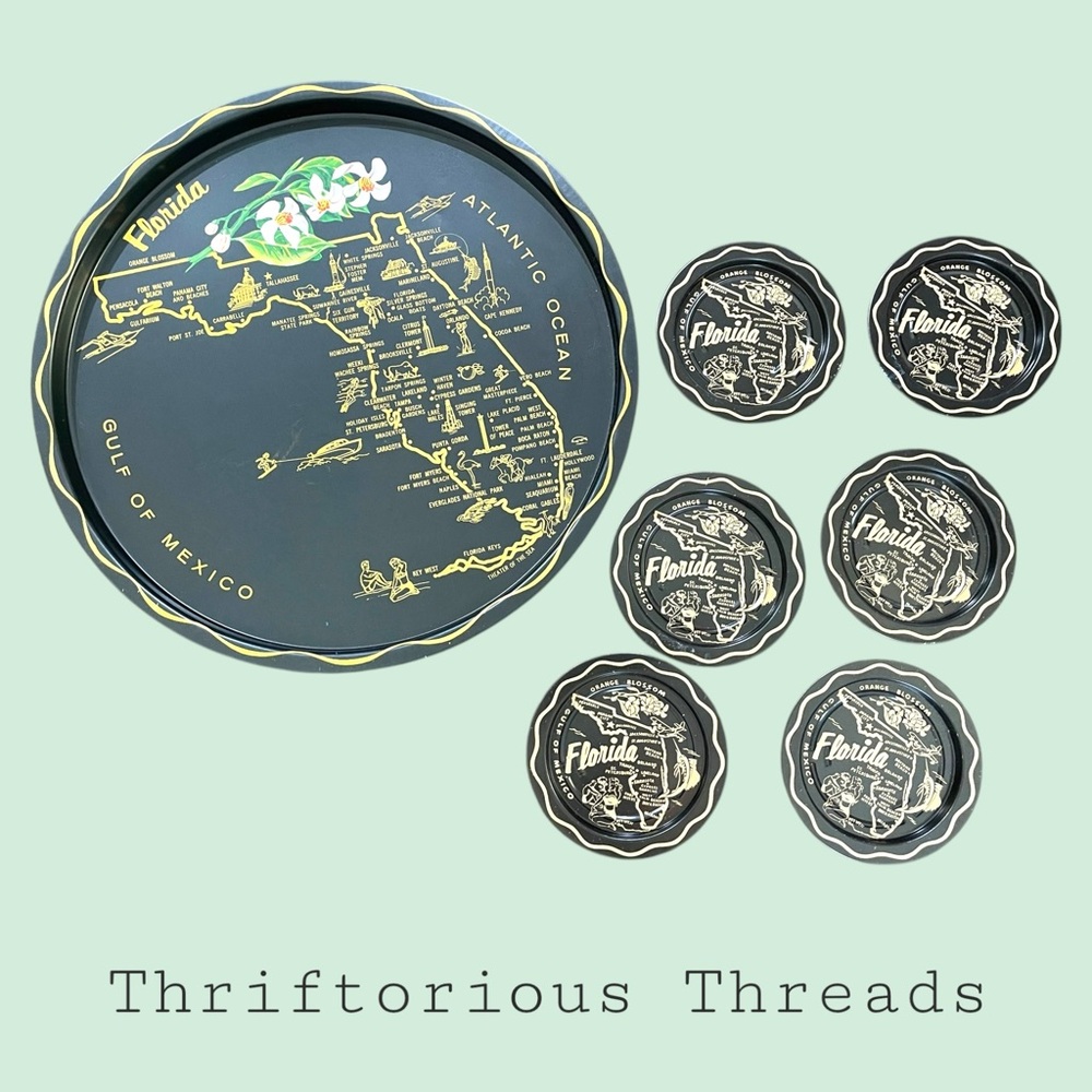 Vintage Florida Metal Cocktail Tray and Coasters